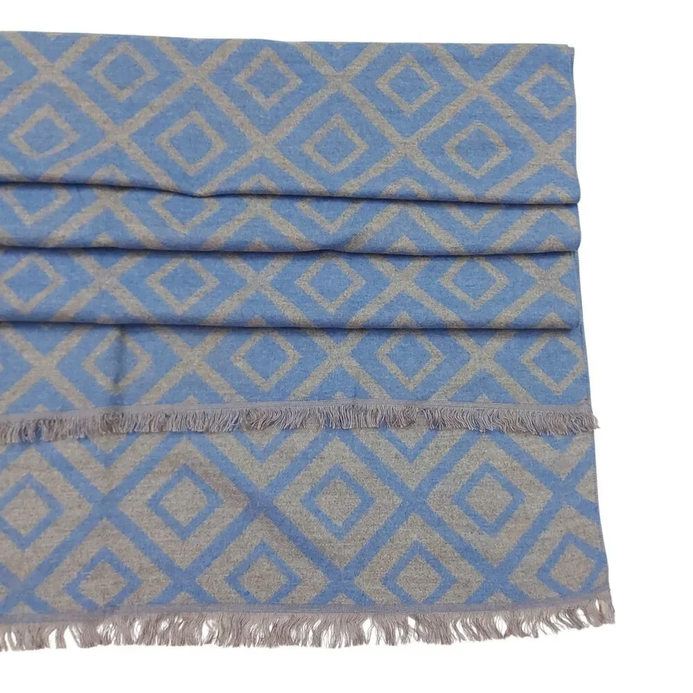 Miniso Life Diamond Plaid Scarf Wrap Blue Gray Fringed 80x28in Soft Fabric